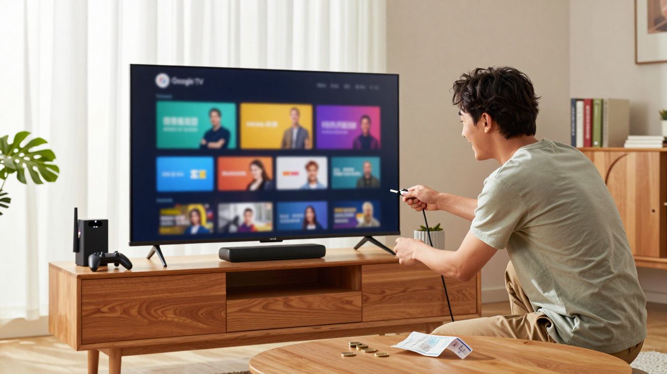 Mężczyzna z pilotem ogląda programy na telewizorze Smart TV w jasnym salonie z drewnianymi meblami.