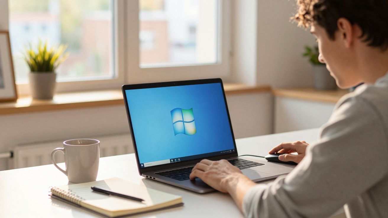 Mężczyzna pracujący na laptopie z systemem Windows na stole z kubkiem i notesem w jasnym pomieszczeniu.