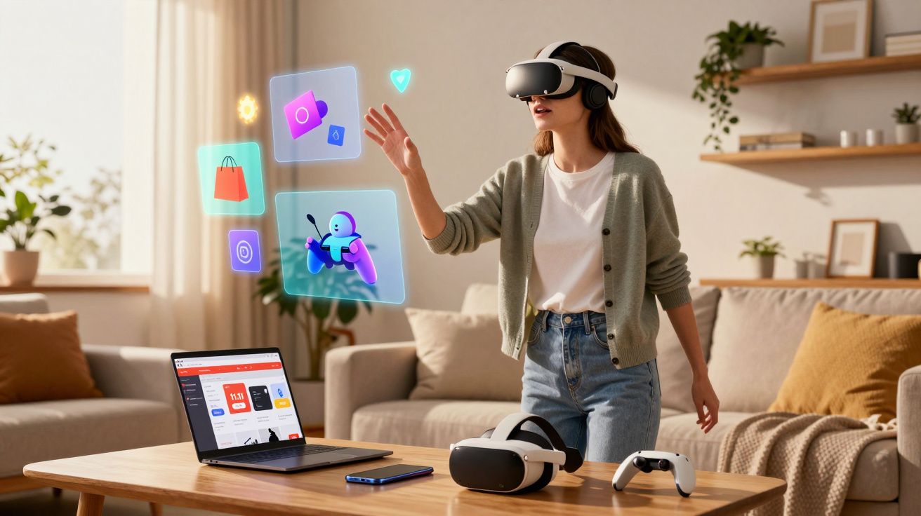 Kobieta używa zestawu VR do interakcji z wirtualnymi ikonami w nowoczesnym salonie.