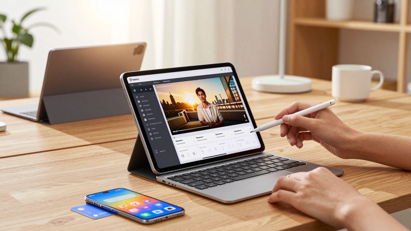 Osoba korzystająca z tabletu z klawiaturą i rysikiem, obok leży smartfon na drewnianym biurku.
