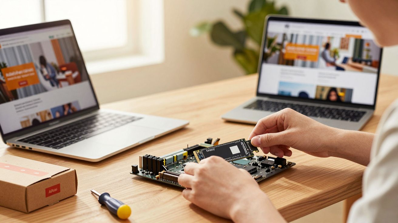 Osoba montująca dysk SSD na płycie głównej przy biurku z dwoma laptopami w tle.