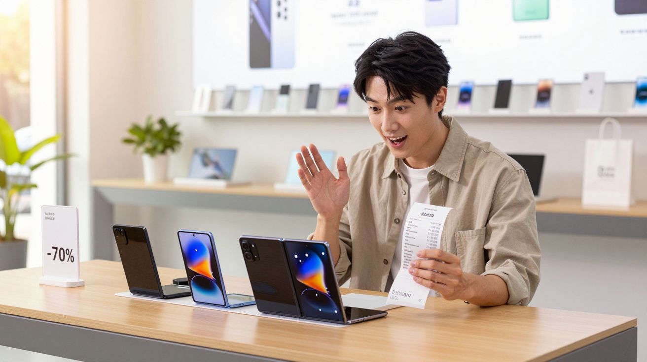 Mężczyzna z paragonem w ręku testuje nowoczesne smartfony na sklepowym stole z promocją -70%.