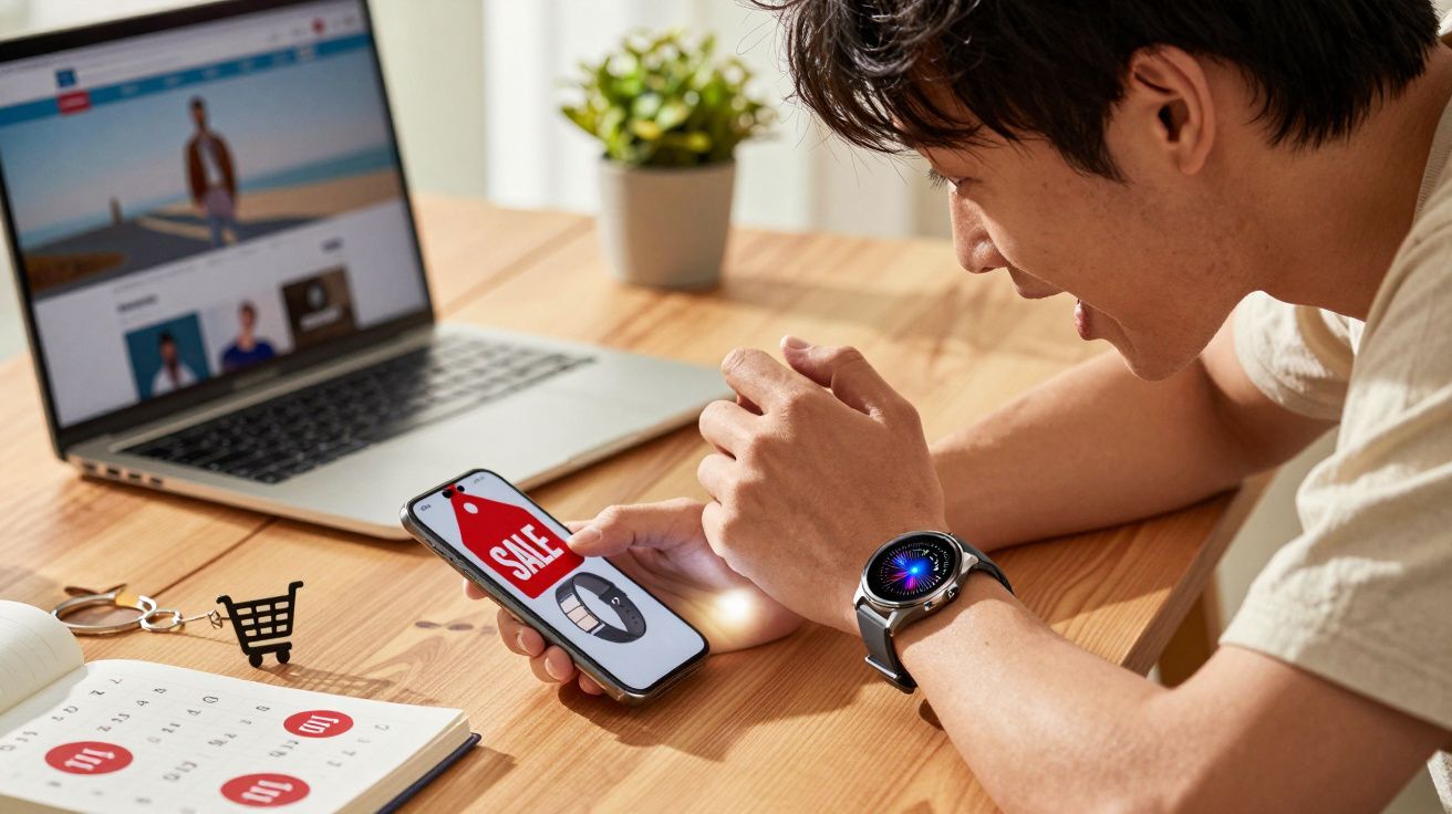 Mężczyzna przegląda na smartfonie promocję na smartwatch, siedząc przy biurku z laptopem i kalendarzem.