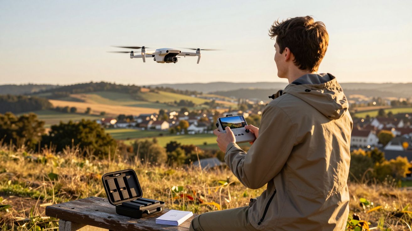 Mężczyzna sterujący dronem podczas zachodu słońca na wzgórzu z widokiem na wiejską okolicę.