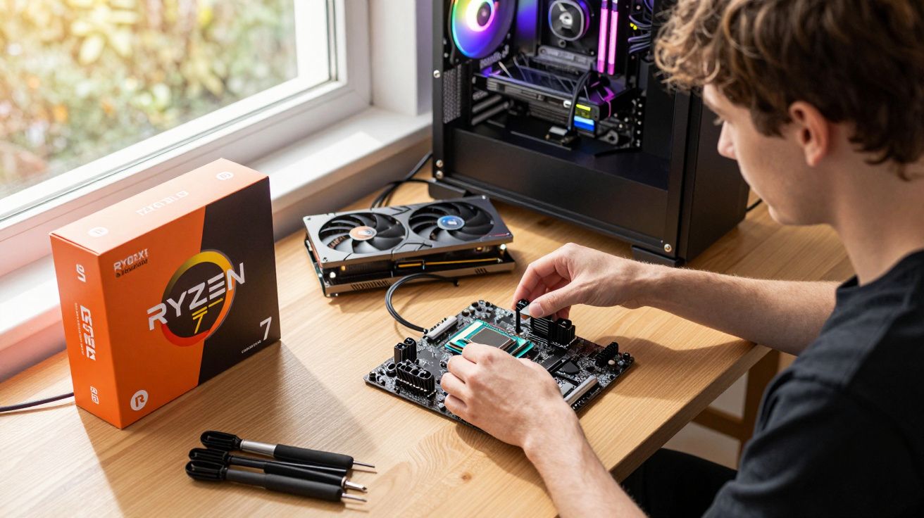 Mężczyzna montuje podzespoły komputera na biurku z procesorem AMD Ryzen 7 i kartą graficzną.