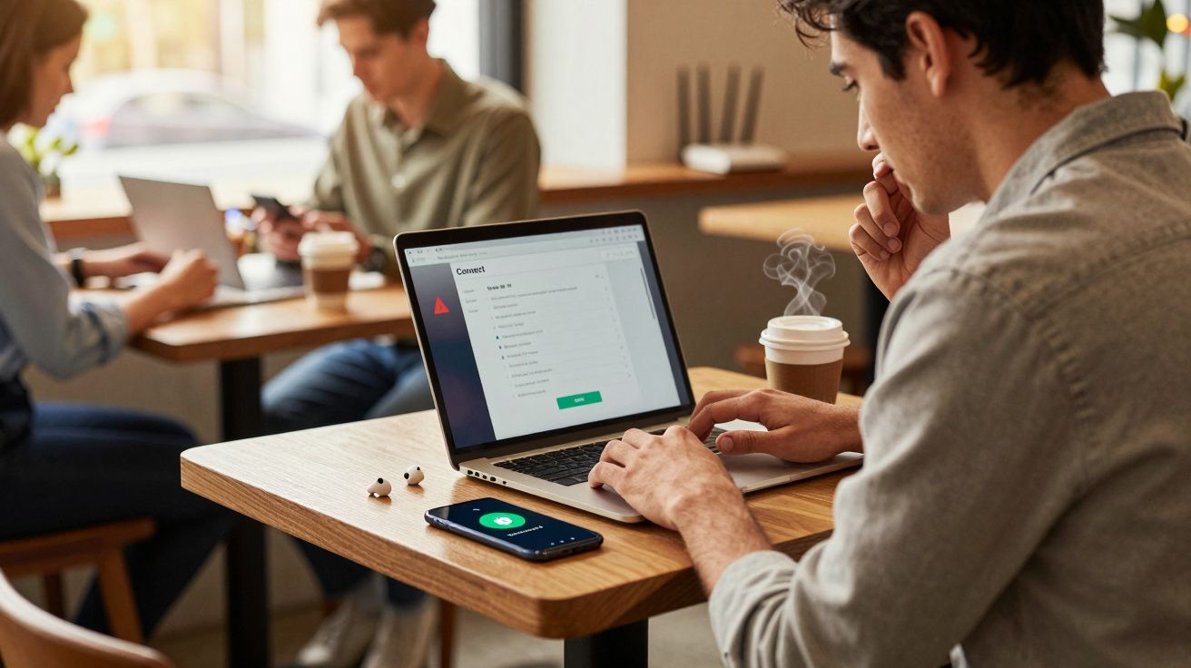 Mężczyzna pracujący na laptopie przy drewnianym stole w kawiarni, obok telefon i kawa na wynos.