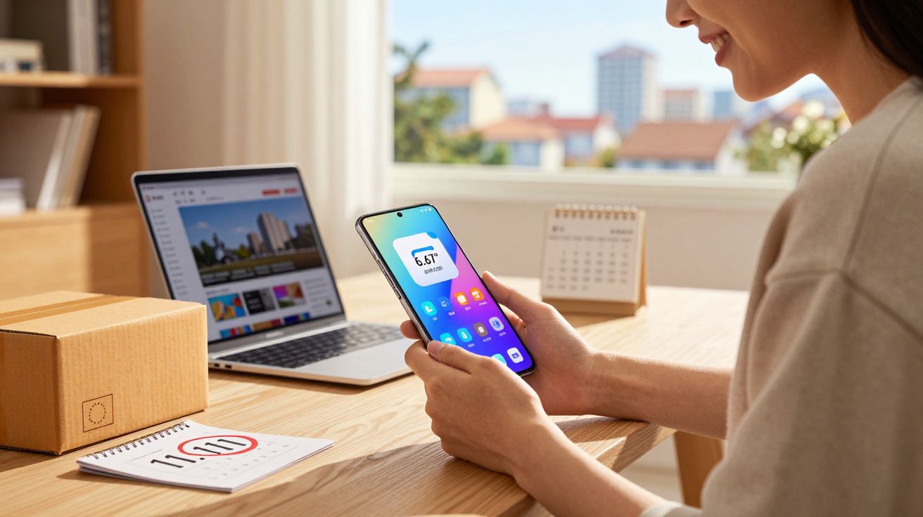 Osoba korzystająca z telefonu przy biurku z laptopem, kartonem i kalendarzem w jasnym pokoju.