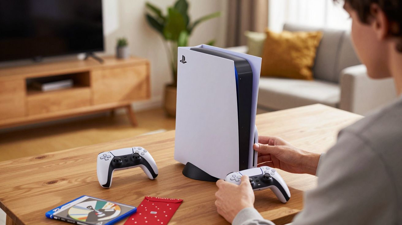 Osoba trzymająca kontroler przy konsoli PlayStation 5 na stole z dwoma kontrolerami i grą w salonie.