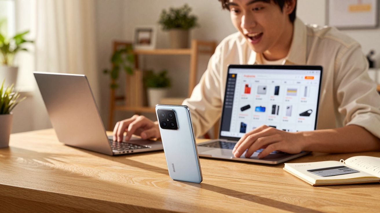 Mężczyzna pracujący przy dwóch laptopach, na stole stoi smartfon i notatnik w jasnym pomieszczeniu.