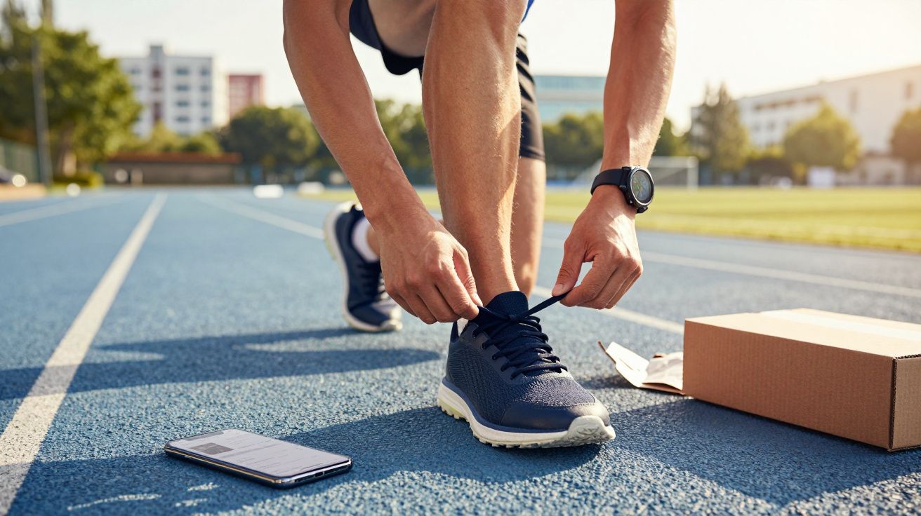 Osoba sznurowa granatowe buty sportowe na niebieskim torze lekkoatletycznym, telefon i pudełko obok.