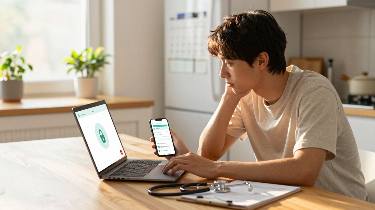 Młody mężczyzna pracujący przy stole z laptopem i telefonem w jasnej kuchni z stetoskopem obok.