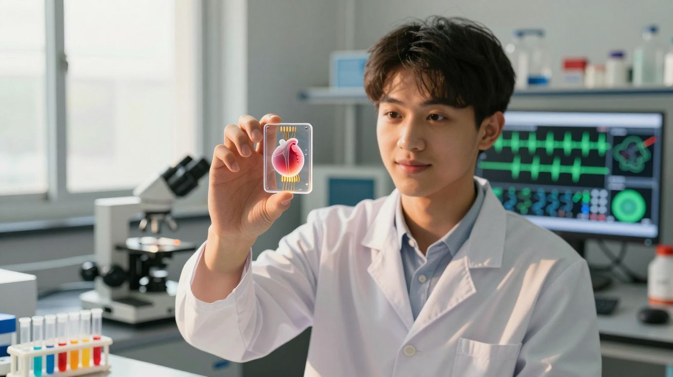 Młody naukowiec w laboratorium trzyma przezroczystą płytkę z hologramem serca.