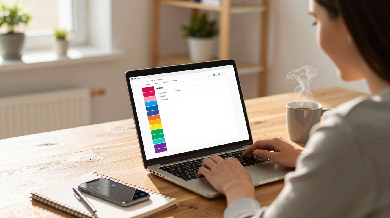 Osoba korzystająca z laptopa przy drewnianym stole z notatnikiem, telefonem i kubkiem parującej kawy.
