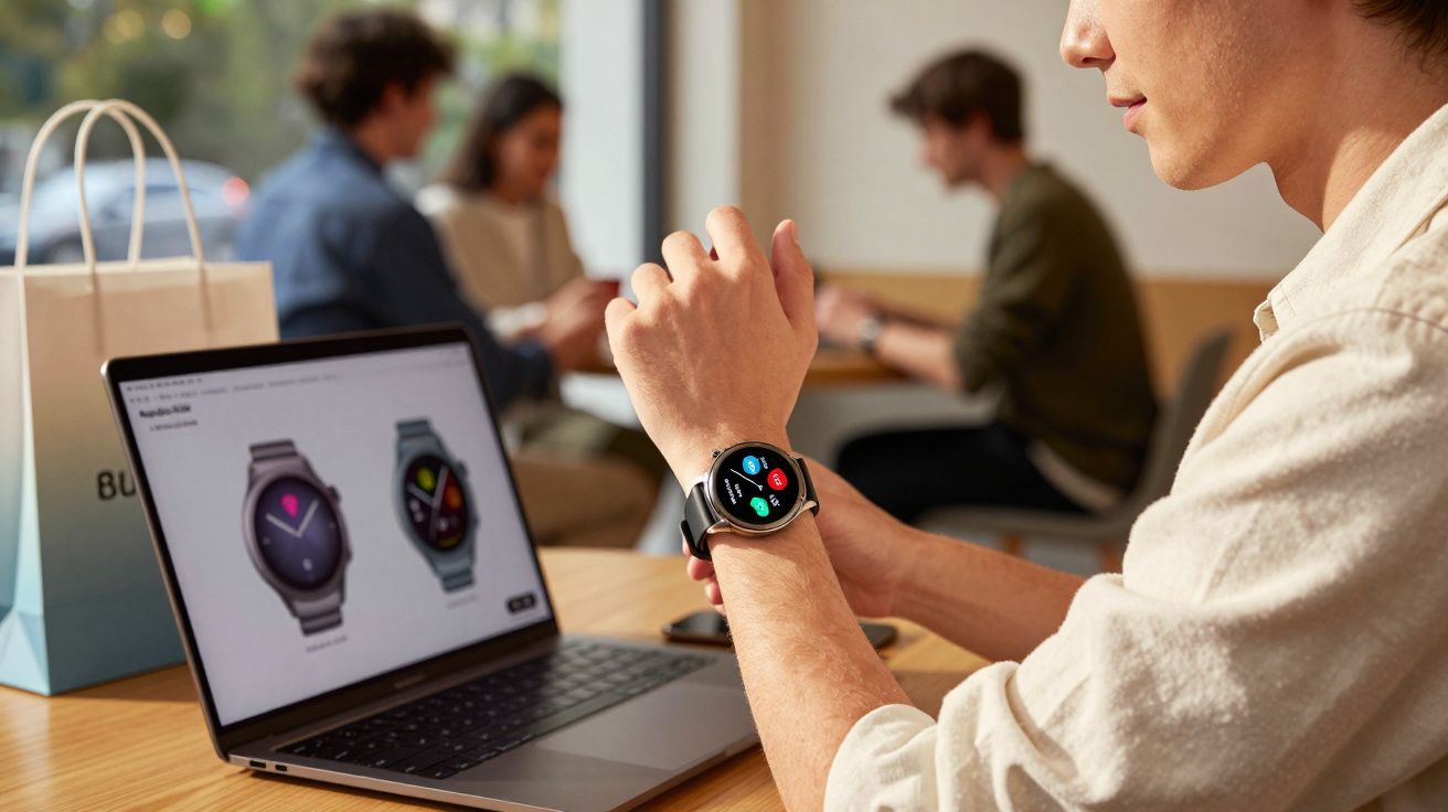 Mężczyzna sprawdza funkcje smartwatcha siedząc przy stole z otwartym laptopem i innymi osobami w tle.