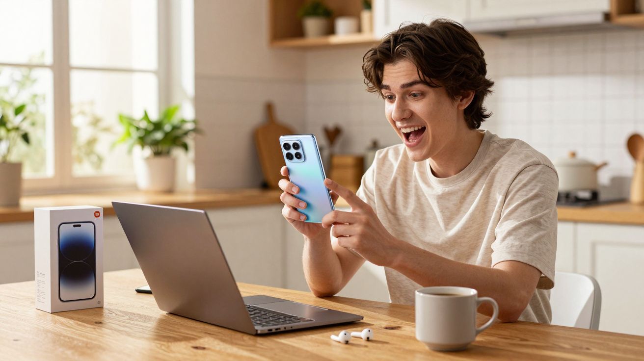 Młody mężczyzna cieszy się z nowego telefonu, siedząc przy stole z laptopem i kubkiem herbaty.