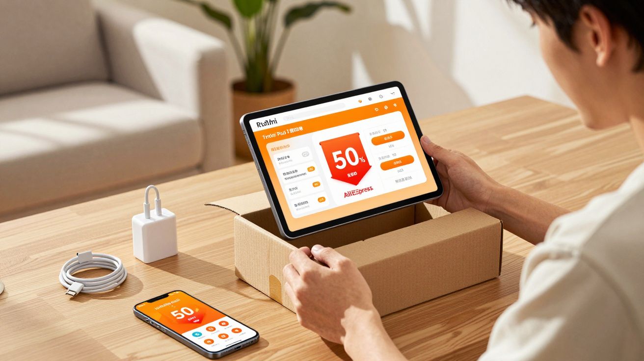 Osoba otwiera karton z tabletem wyświetlającym promocję AliExpress na drewnianym stole.