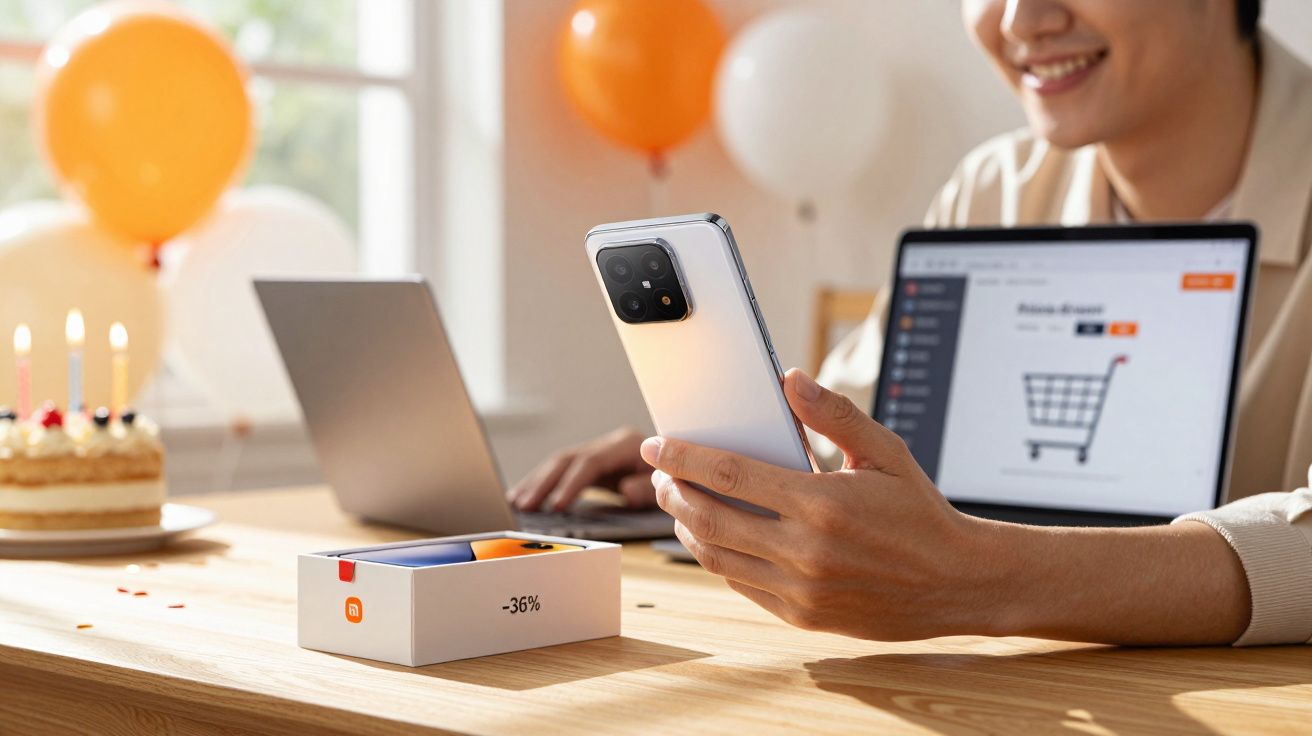 Osoba trzyma nowy smartfon, obok pudełko, laptop i tort z zapalonymi świeczkami na stole.