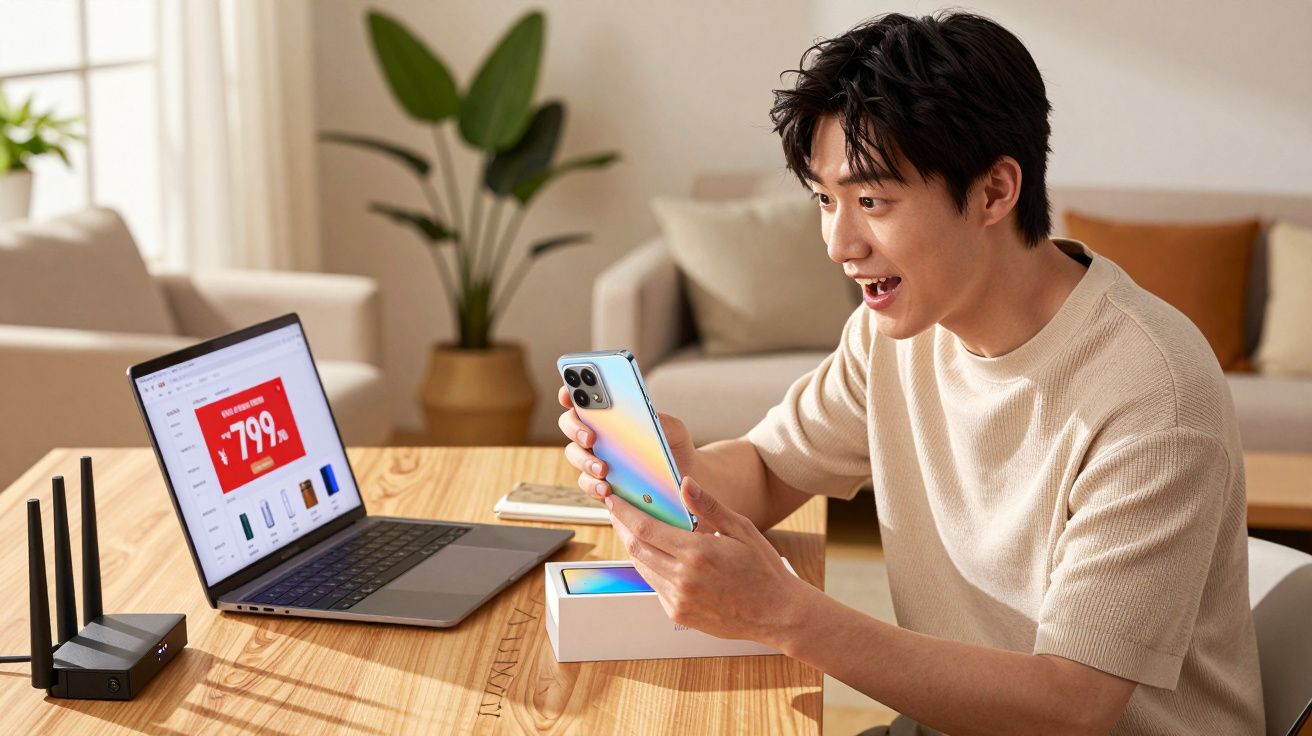 Mężczyzna siedzi przy stole i z entuzjazmem trzyma nowy smartfon obok laptopa z wyświetloną ofertą.