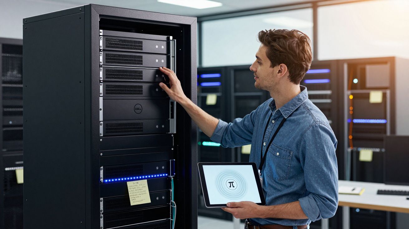 Mężczyzna pracujący przy serwerze w centrum danych, trzymający tablet z symbolem liczby pi.