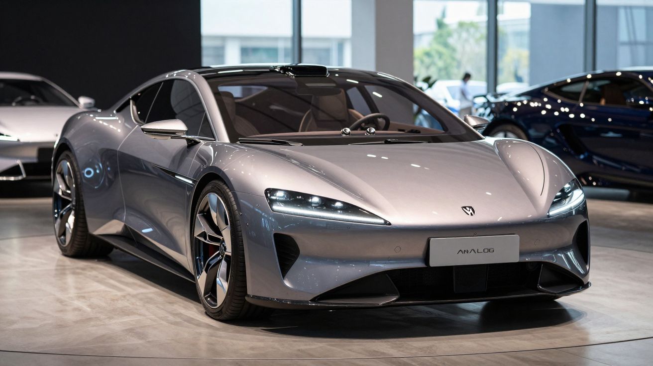 Srebrny sportowy samochód elektryczny na wystawie w nowoczesnym salonie aut.