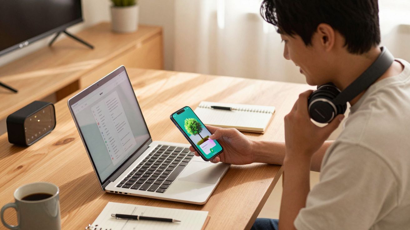 Mężczyzna siedzi przy biurku, korzysta z telefonu i laptopa, z dużymi słuchawkami na szyi.