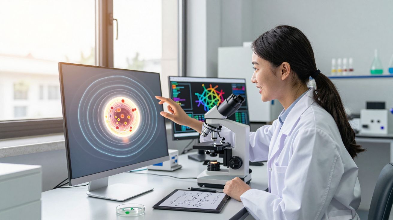 Naukowiec w laboratorium analizujący model atomu na ekranie komputera i mikroskopie.