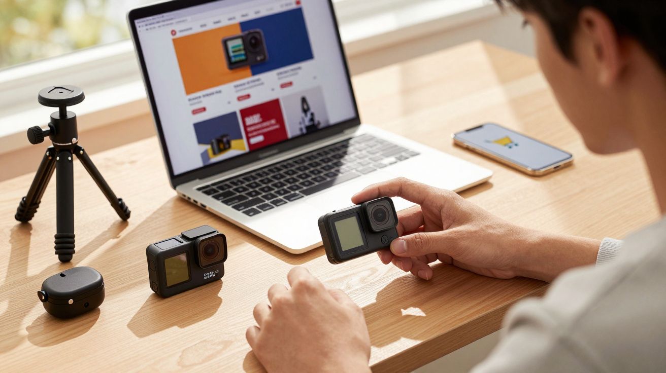 Osoba trzymająca kamerę sportową przy laptopie i dodatkowym sprzęcie na drewnianym stole.