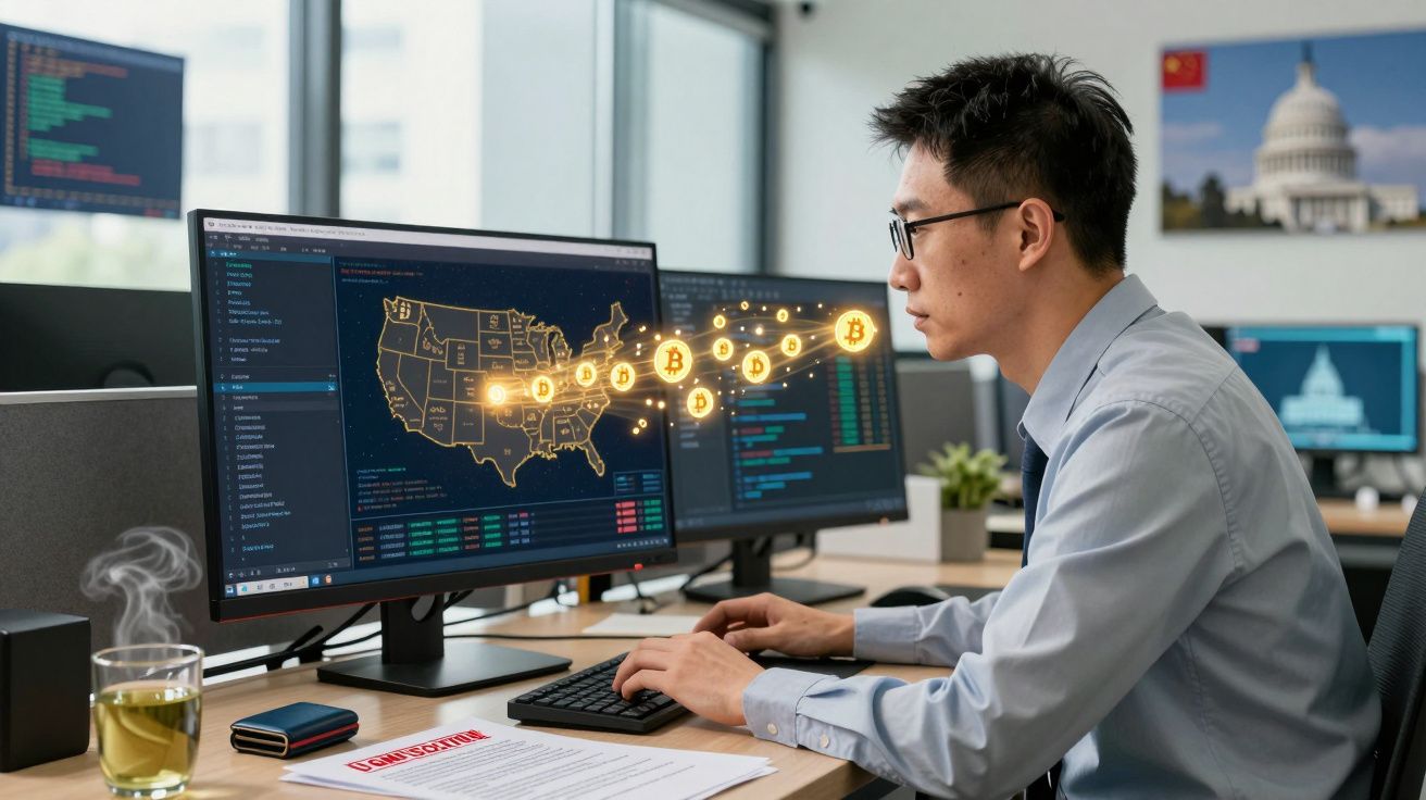 Mężczyzna pracuje przy komputerze z mapą USA i symbolami kryptowalut na ekranie w biurze.