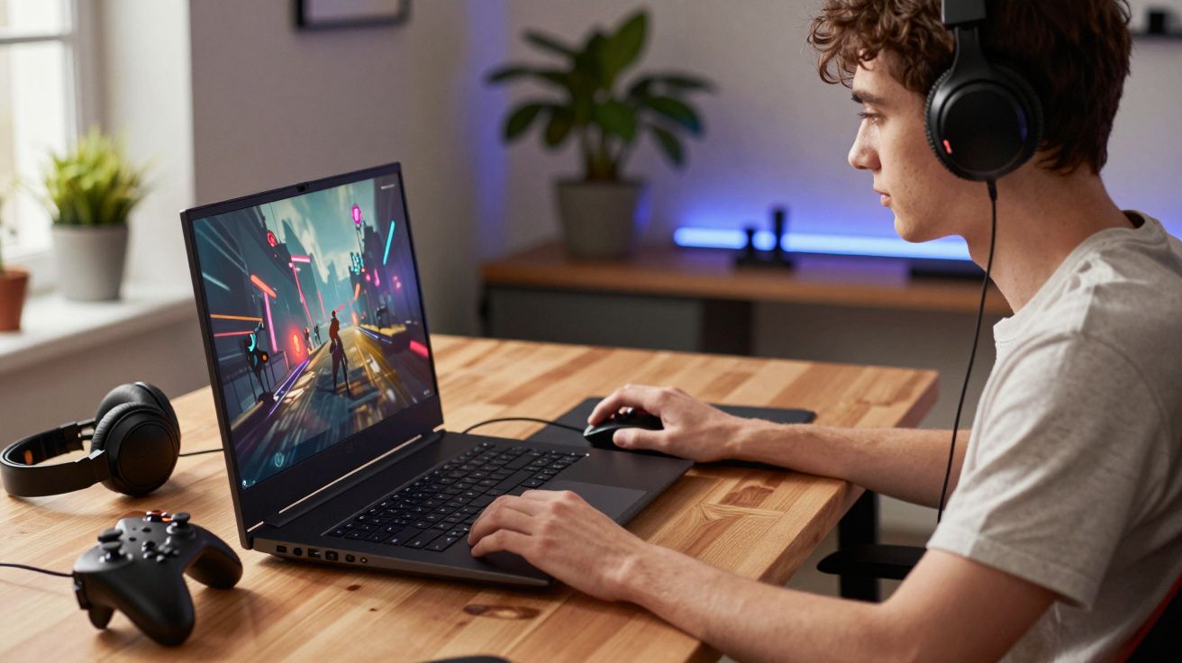 Młody mężczyzna grający na laptopie, noszący słuchawki, z gamepadem na stole obok.