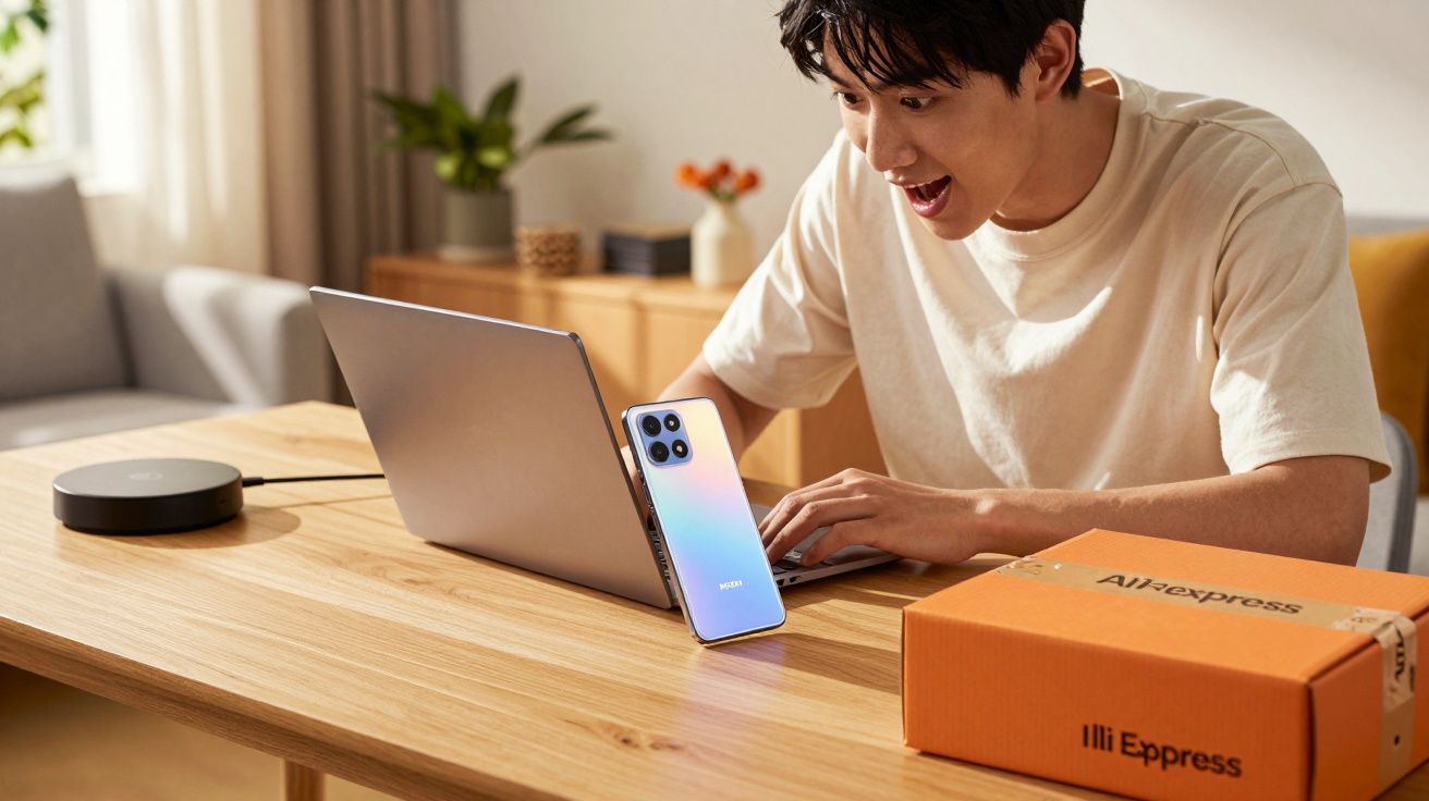 Mężczyzna zaskoczony patrzy na laptopa przy stole z telefonem i paczką AliExpress.
