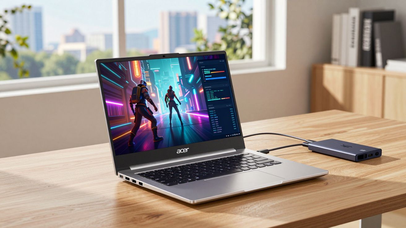 Laptop Acer na stole w jasnym pomieszczeniu z futurystyczną grą na ekranie i podłączonym dyskiem zewnętrznym.