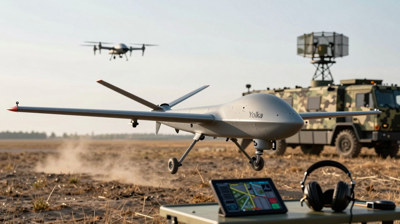 Bezzałogowy dron na polu podczas startu, w tle drugi dron i wojskowy pojazd z radarami.