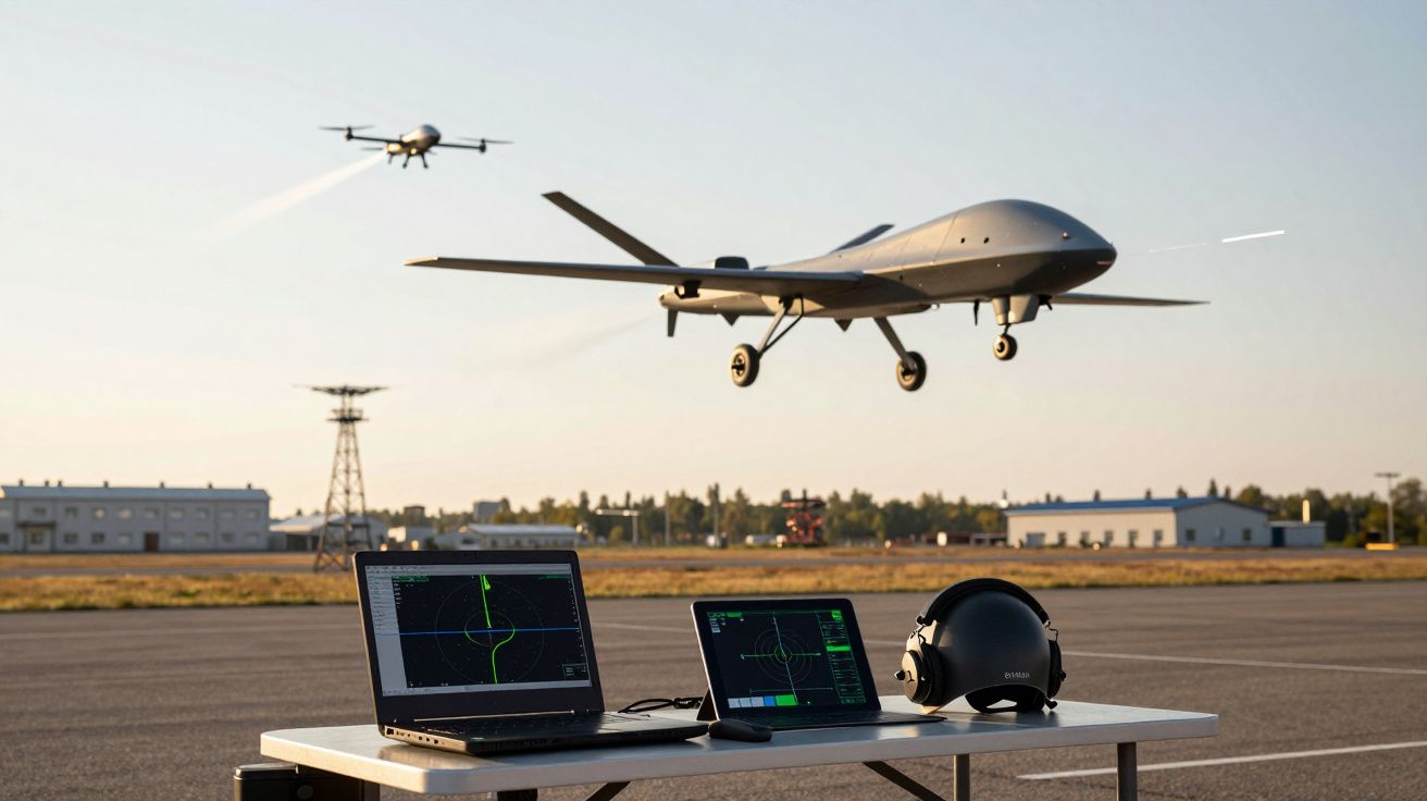 Bezzałogowy dron wojskowy w locie nad pasem startowym, na stole laptop, tablet i hełm pilotów.