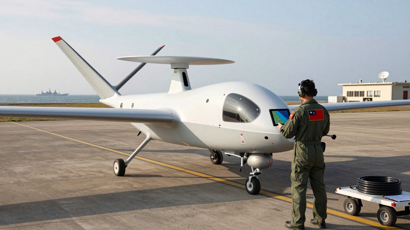 Dron wojskowy stojący na pasie startowym, obok stoi żołnierz obsługujący urządzenie w rękach.