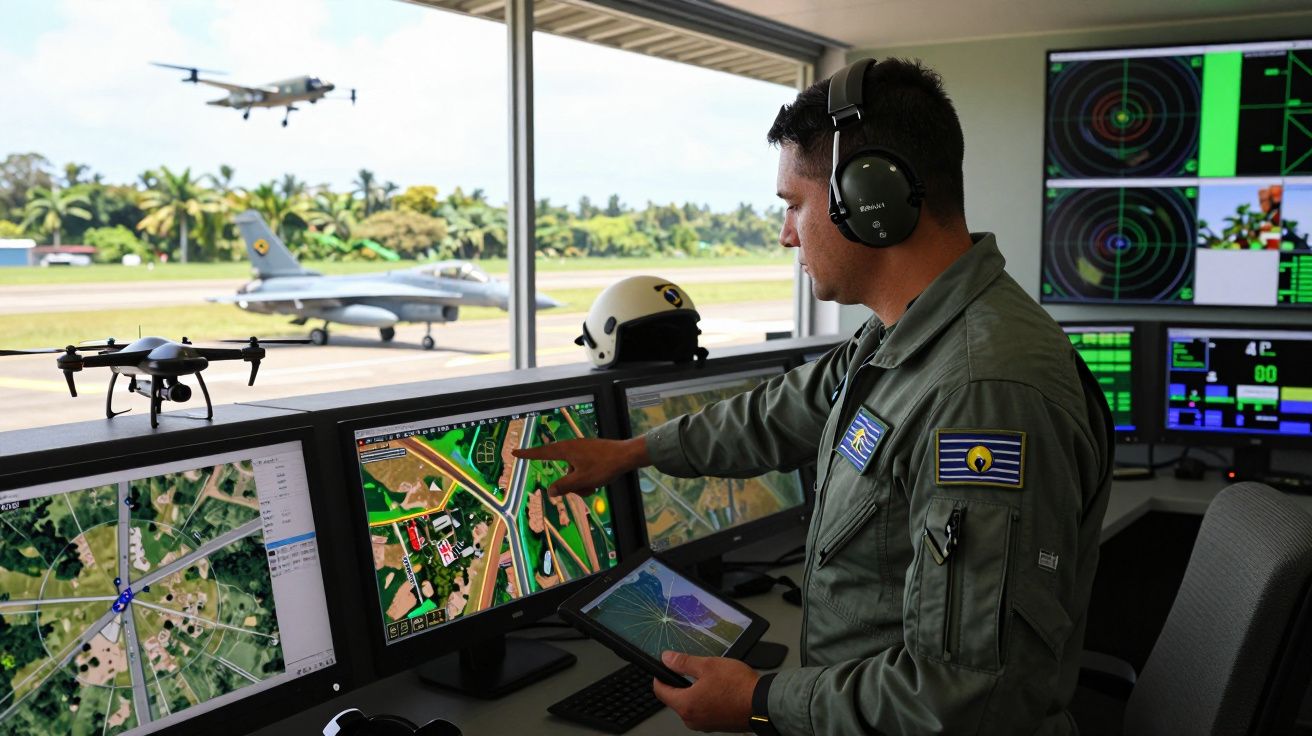 Operator monitoruje loty i kontroluje drona na stanowisku z ekranami radarowymi i samolotami na pasie startowym.