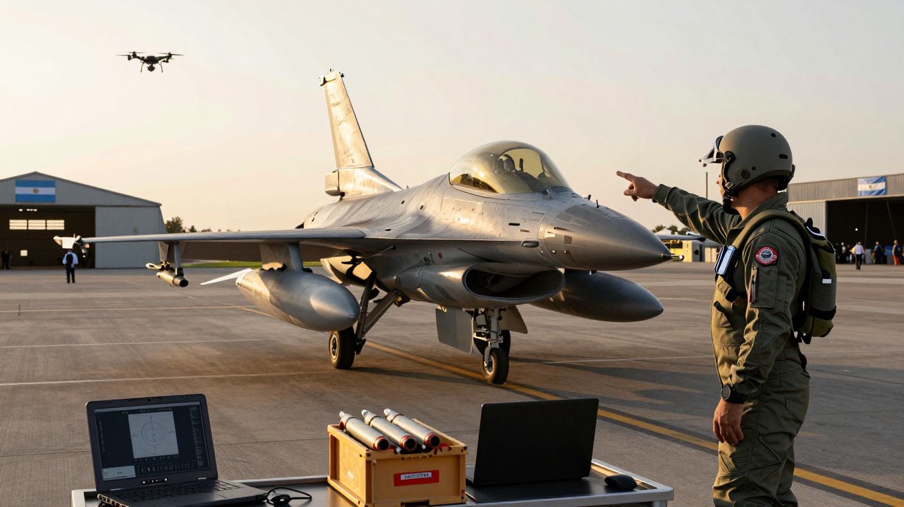 Pilot wojskowy wskazuje na myśliwiec F-16 na pasie startowym, obok stołu z laptopami i dronem w powietrzu.