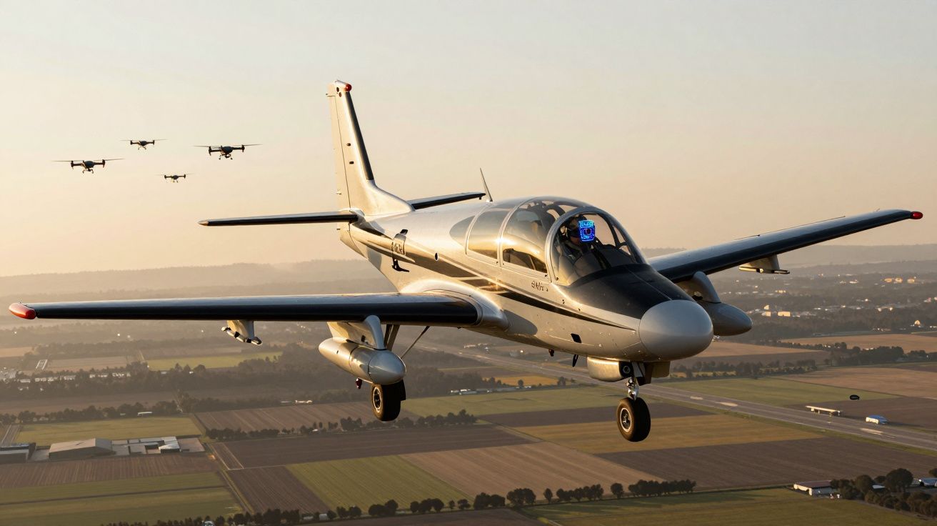 Samolot średniego rozmiaru lecący nad polami podczas zachodu słońca, w tle drony.