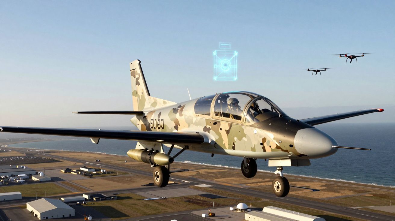 Lekki samolot wojskowy kamuflażowy w powietrzu nad wybrzeżem z dwoma dronami w tle.
