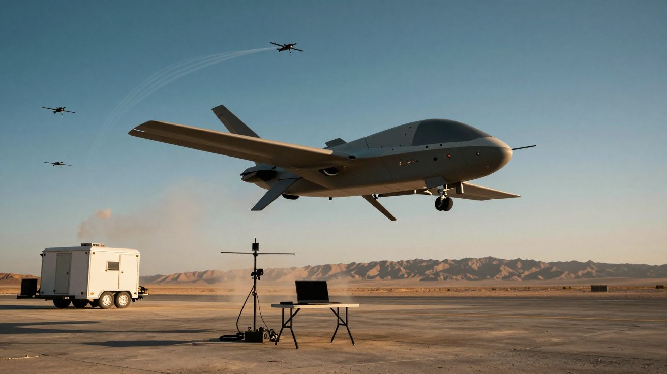 Bezzałogowy dron wojskowy startujący z płyty lotniska na tle górskich wzgórz podczas zachodu słońca.