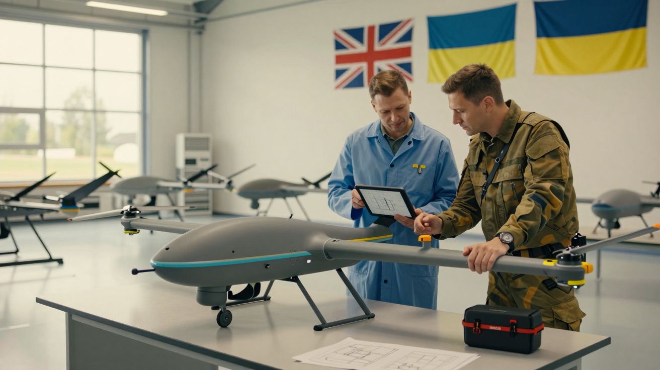 Dwóch mężczyzn w hangarze obok drona, z flagami Wielkiej Brytanii i Ukrainy na ścianie.