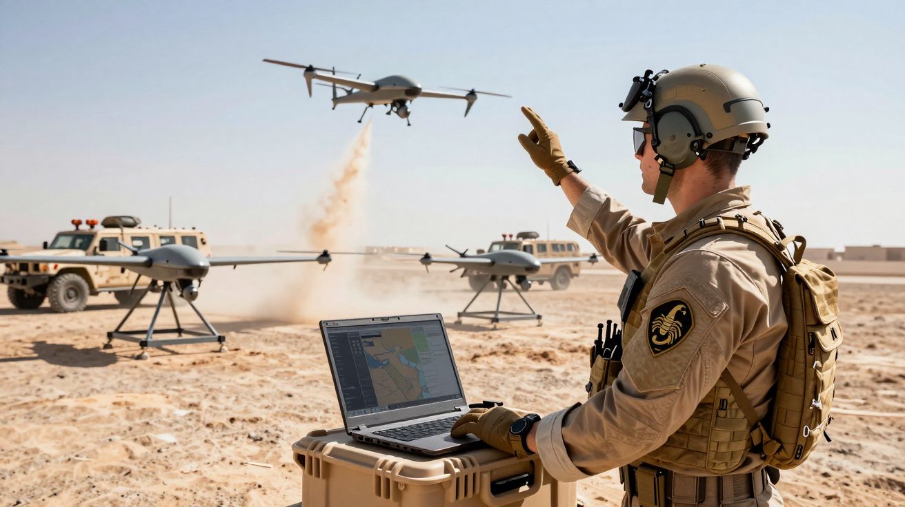 Żołnierz sterujący wojskowym dronem na pustyni, obok dwa inne drony i pojazdy terenowe w tle.