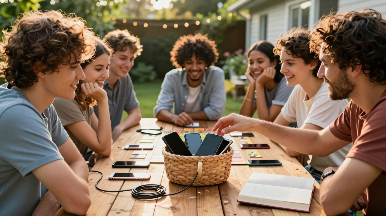 Grupa młodych ludzi siedzi przy stole na zewnątrz, ładując telefony w wiklinowym koszyku.