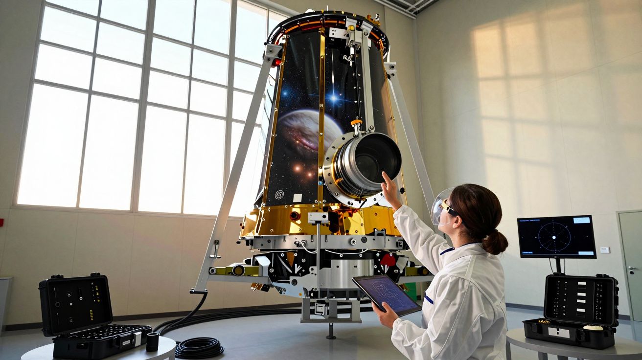 Naukowiec badający nowoczesny teleskop kosmiczny w jasnym laboratorium z dużymi oknami.