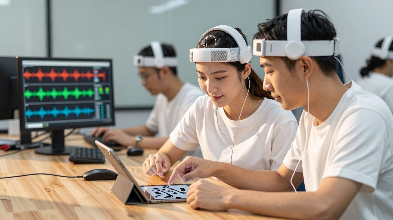 Dwie osoby z opaskami EEG pracują z tabletem, w tle ekran monitora z wykresami fal mózgowych.