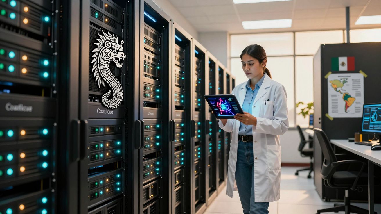 Kobieta naukowiec w białym fartuchu pracuje z tabletem w serwerowni pełnej czarnych szaf rackowych.