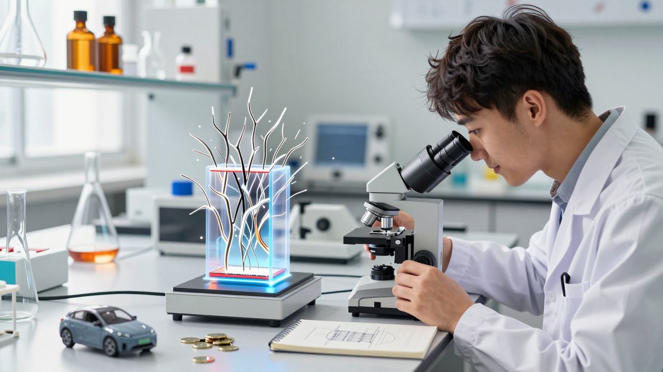 Naukowiec w laboratorium bada próbkę przez mikroskop, obok hologram drzewa oraz modele i notatki.