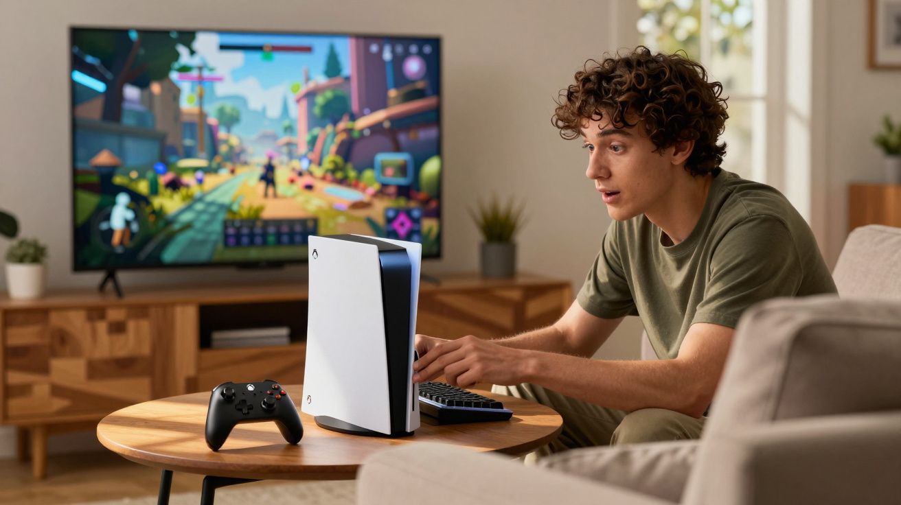 Młody mężczyzna grający na konsoli do gier z kontrolerem na stoliku w salonie.