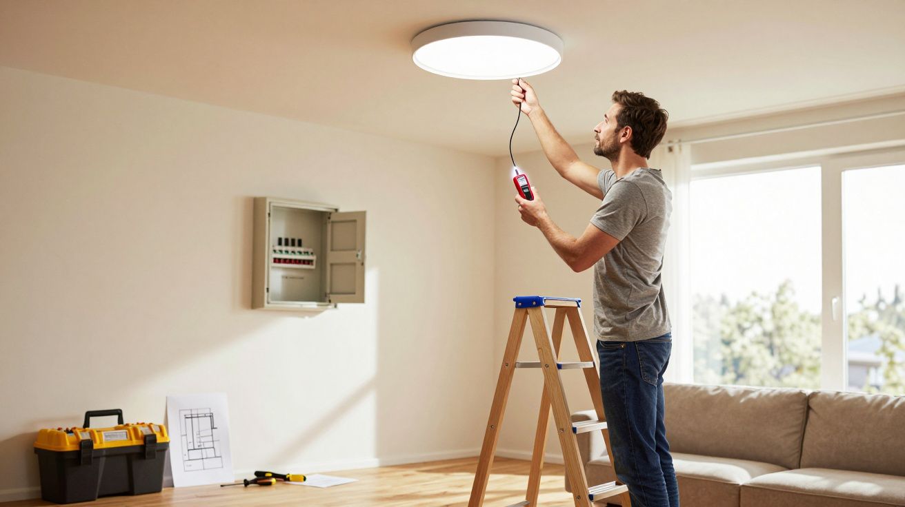Mężczyzna stoi na drabinie i sprawdza sufitową lampę w jasnym, nowoczesnym pokoju dziennym.